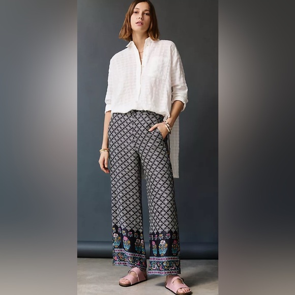 Anthropologie Pants - Anthropologie Black & White Patterned Boot-Cut Pants with Colorful Hem